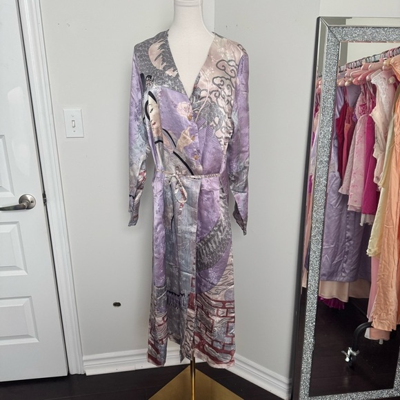 Vintage 100% Silk Kimono Robe Duster w Print japanese dragon geisha XL lavender - Picture 4 of 15